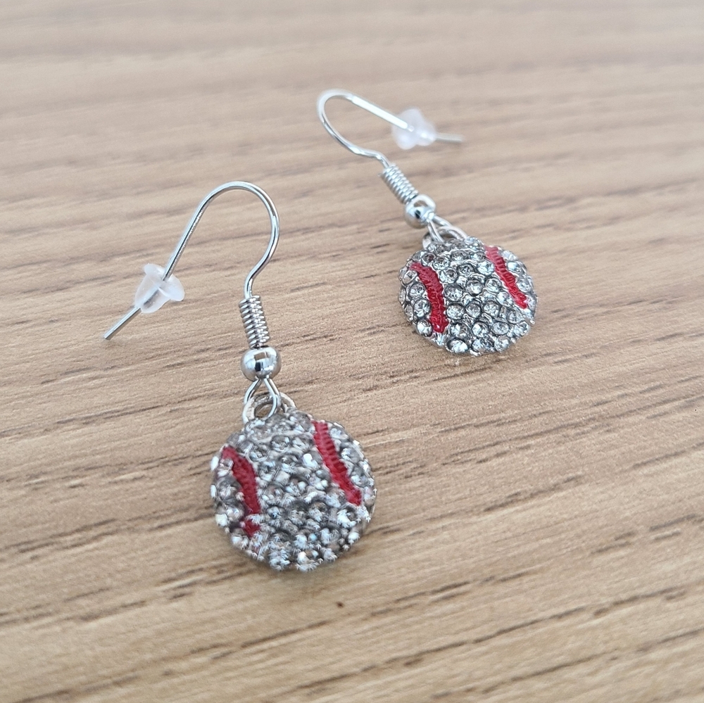 Baseball Rhinestone Earrings, Baseball Dangle Earrings, Silver Sports Earrings - Picture 4 of 8